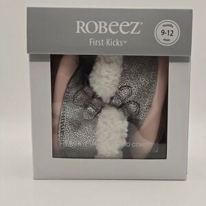 Robeez New 9-12M First Kicks Baby Shoes Pink Silver Faux‎ Fur Booties Girl